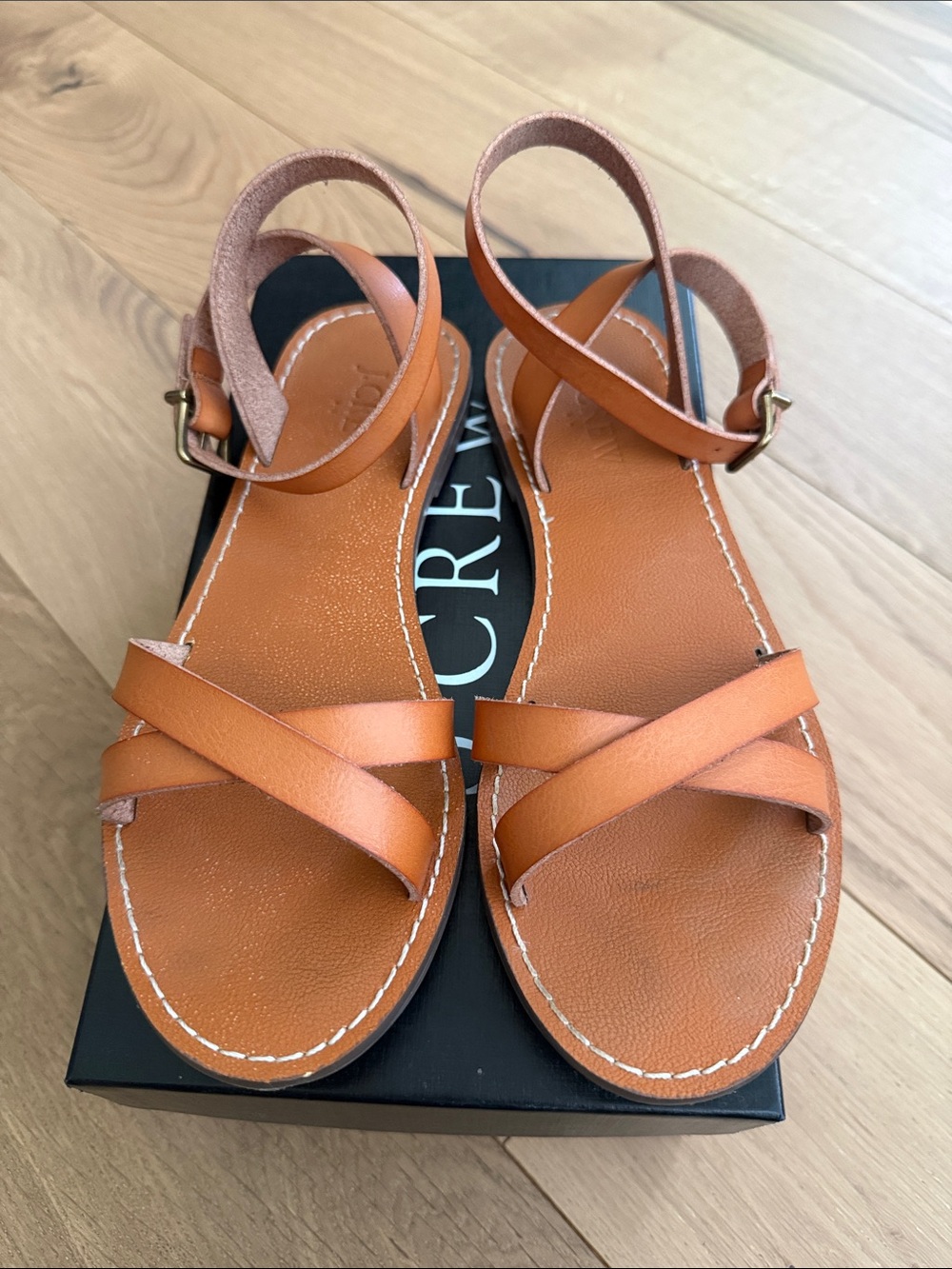 J. Crew Women's Cognac Leather Cross-Strap Ankle Sandals